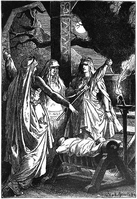 Les trois nornes - Urd, Verdandi et Skuld - qui tisse le destin sous l'arbre Yggdrasil