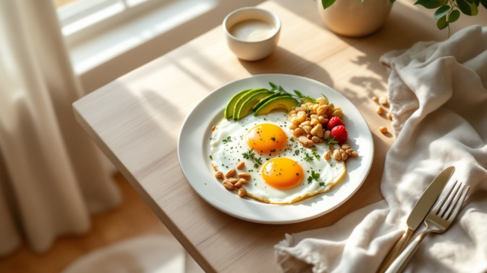 Assiette de déjeuner protéiné : œufs, avocat, noix et petits fruits, dans la lumière du matin
